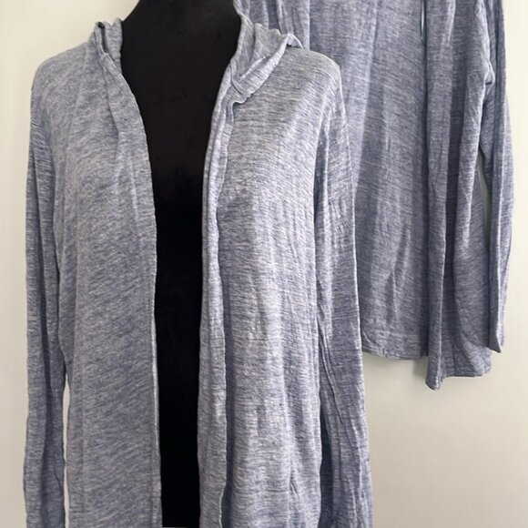 Tahari Cardigan LARGE Blue Linen Open Front Hooded Lightweight Sweater Casual - Picture 3 of 10